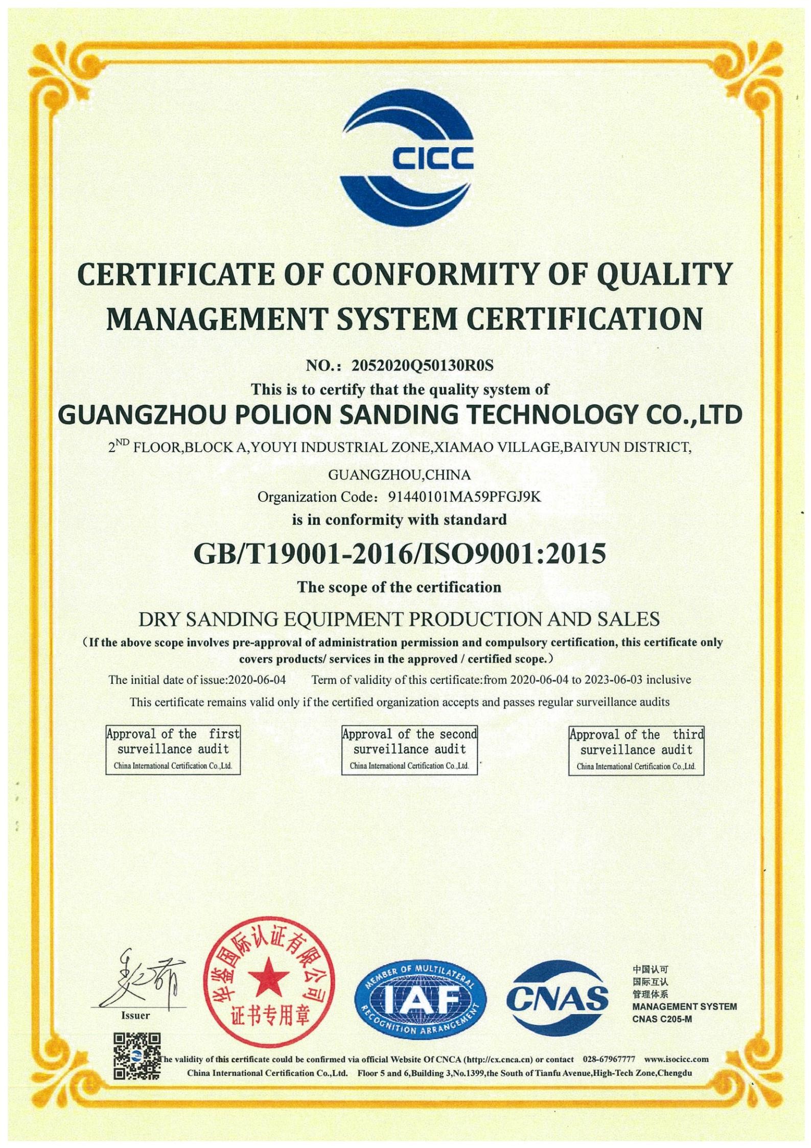 चीन Polion Sanding Technology Co., LTD प्रमाणपत्र